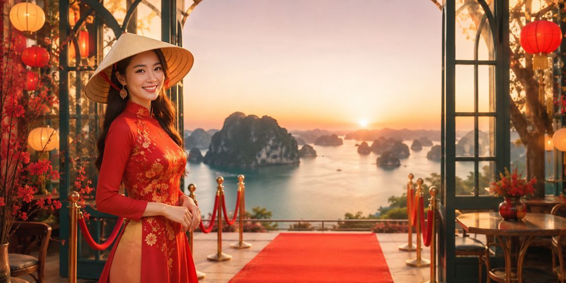 Người phụ nữ đội nón lá tại vịnh Hạ Long chơi game bài trực tuyến trên điện thoại